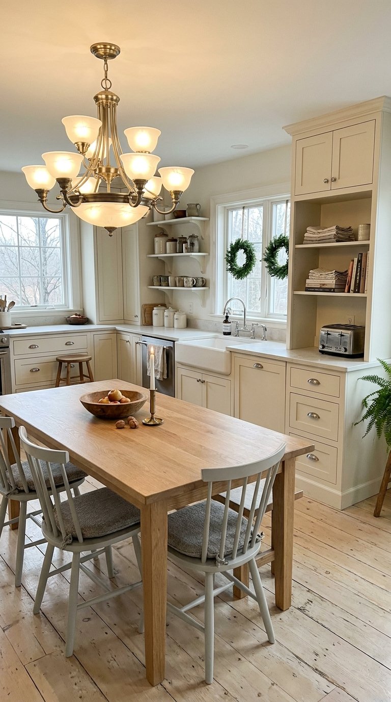 Cuisine crème traditionnelle avec table en bois et grand lustre en laiton