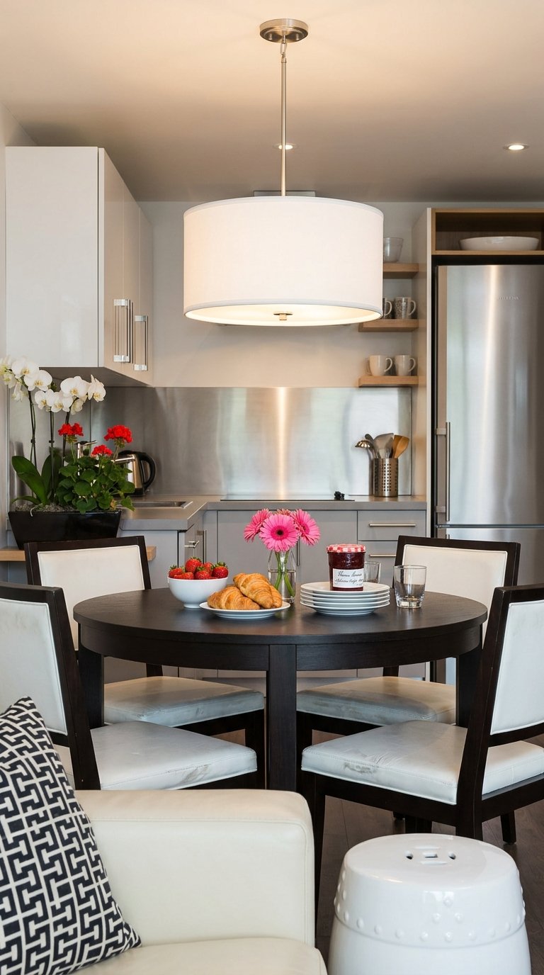 Petite cuisine moderne ouverte sur une table ronde sombre sous un abat-jour blanc