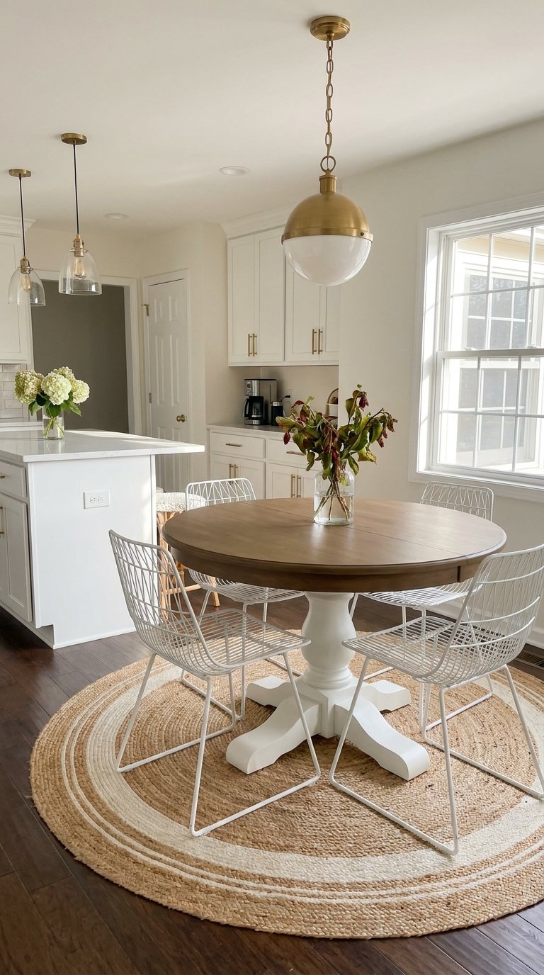 Cuisine blanche avec îlot et table ronde en bois sur tapis circulaire