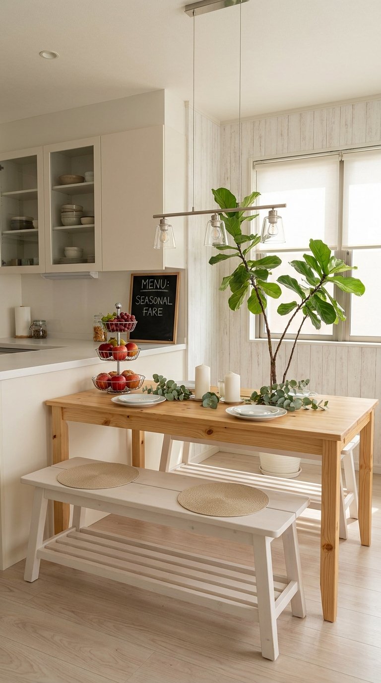 Petite salle à manger lumineuse avec table en pin, banc blanc et grandes plantes