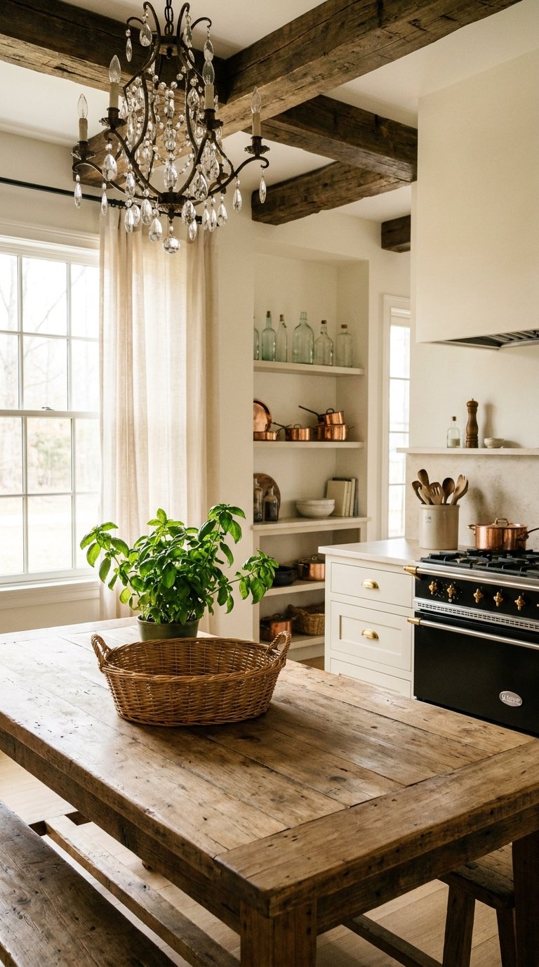 Cuisine campagne avec poutres anciennes, table rustique et lustre à pampilles