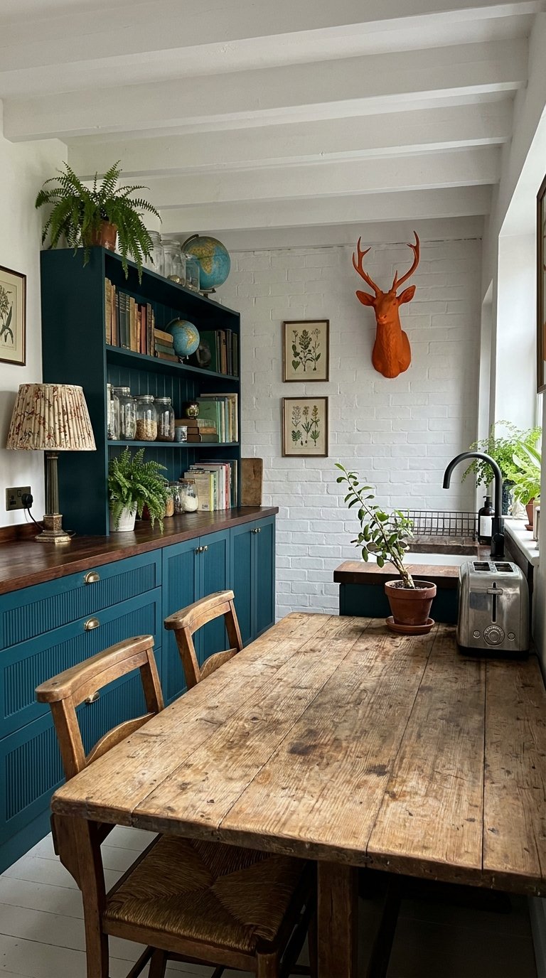 Cuisine étroite avec buffet bleu, table rustique et mur de briques blanches