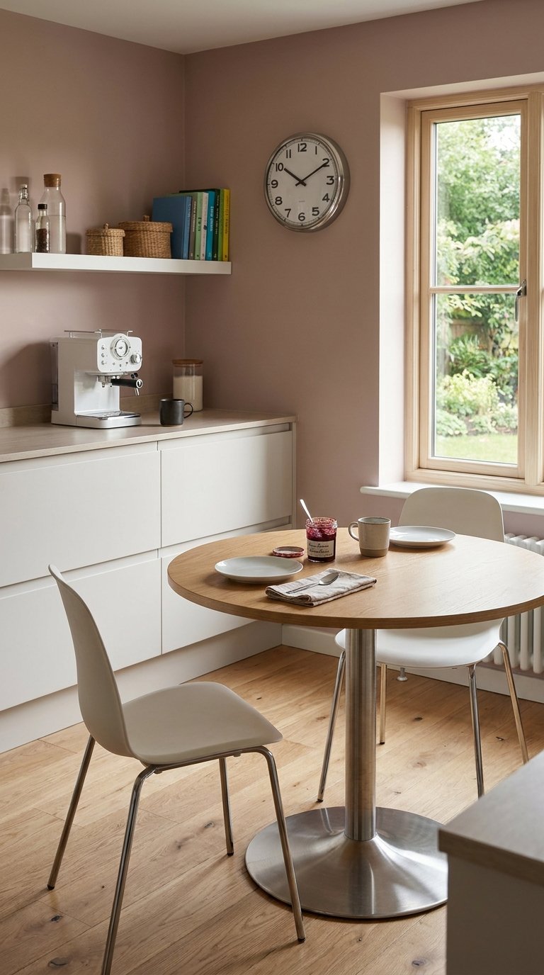 Petite cuisine rose grisé avec table ronde en bois près de la fenêtre
