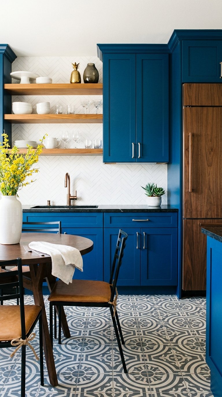 Cuisine bleu profond avec étagères en bois, table ronde et sol à motifs