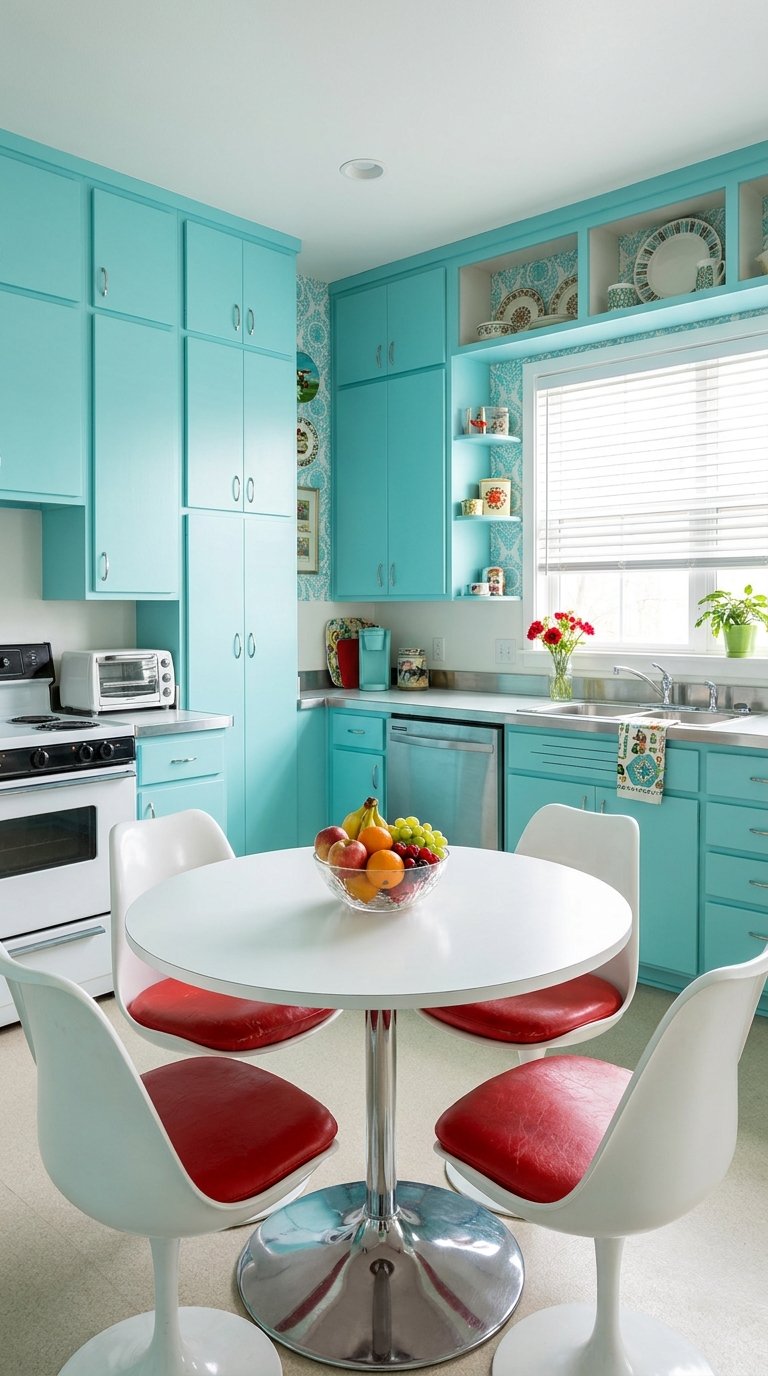 Cuisine turquoise rétro avec table tulipe blanche et chaises à coussins rouges