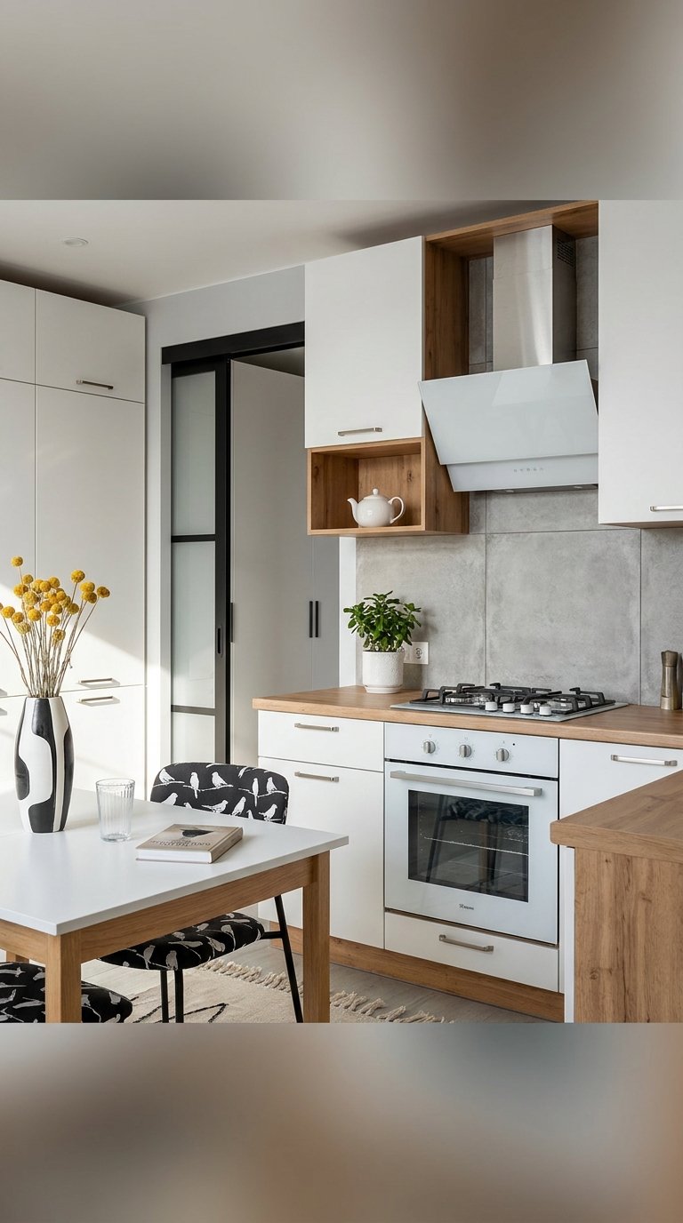 Cuisine moderne blanche et bois avec petite table carrée et chaises à motifs noirs