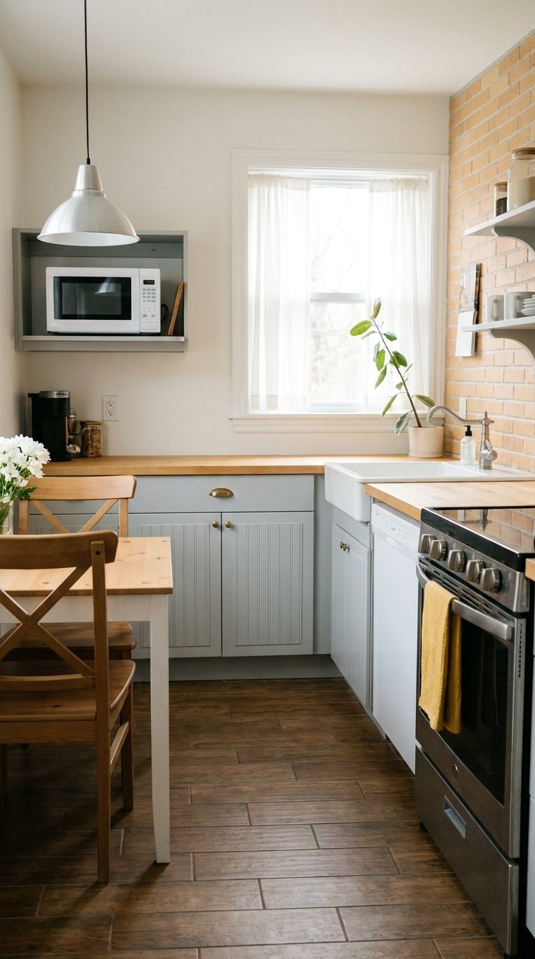 Petite cuisine avec briques claires, meubles bleu gris et table en bois