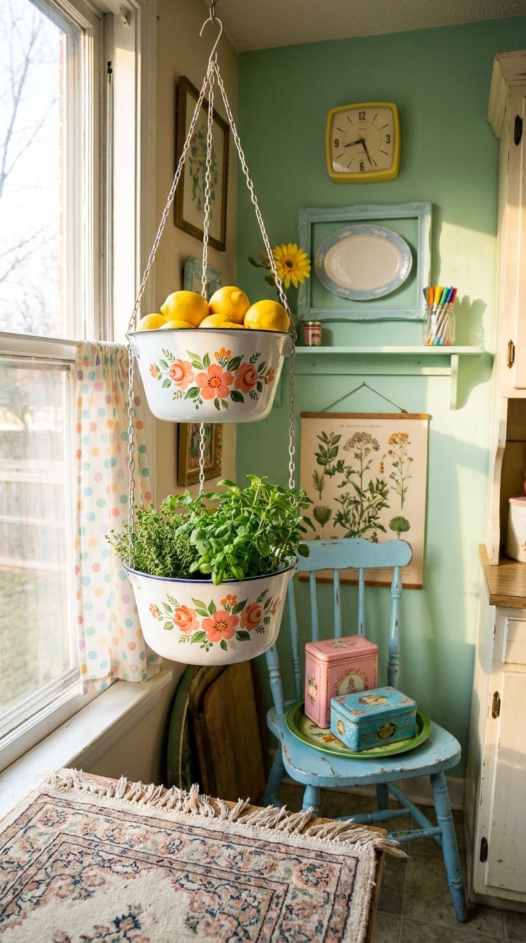 Coin de cuisine vert menthe avec paniers fleuris suspendus et chaise patinée