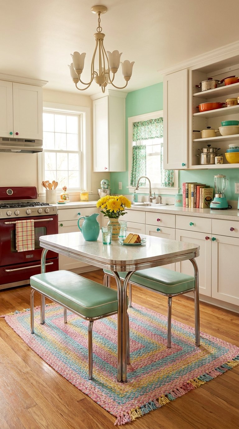 Cuisine blanche avec cuisinière rouge, table chromée et banquettes vert menthe