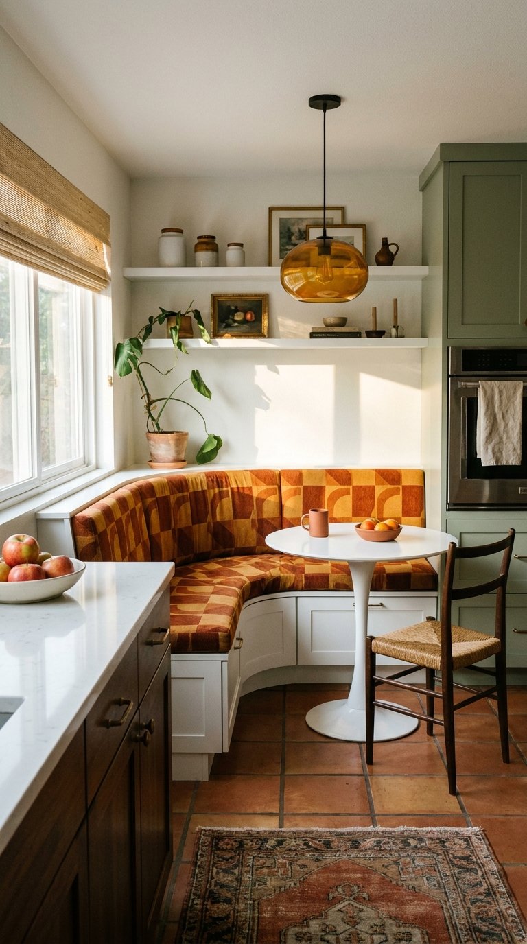 Banquette d’angle orange à motifs géométriques dans une cuisine lumineuse
