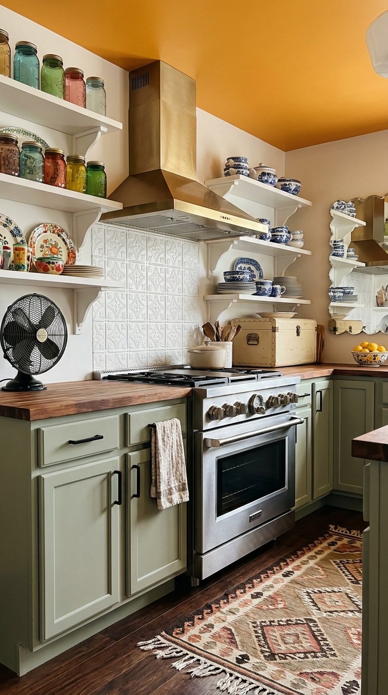 Cuisine vert sauge avec plafond ocre, étagères de vaisselle et cuisinière inox