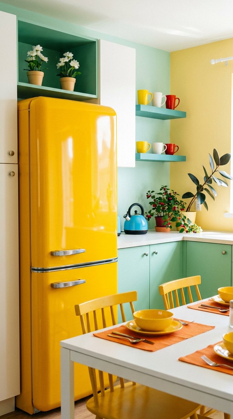 Cuisine menthe et jaune avec grand réfrigérateur rétro et chaises assorties