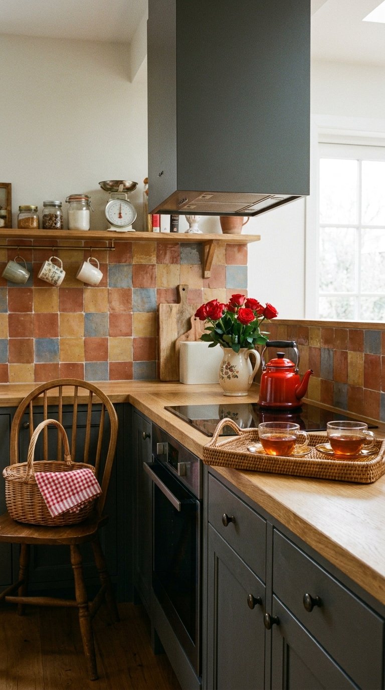 Cuisine sombre avec crédence en carreaux multicolores, bouilloire rouge et bois