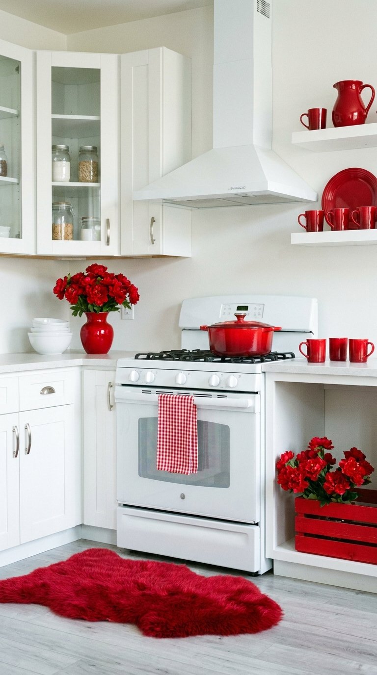 Cuisine blanche décorée de vaisselle rouge, fleurs et tapis duveteux