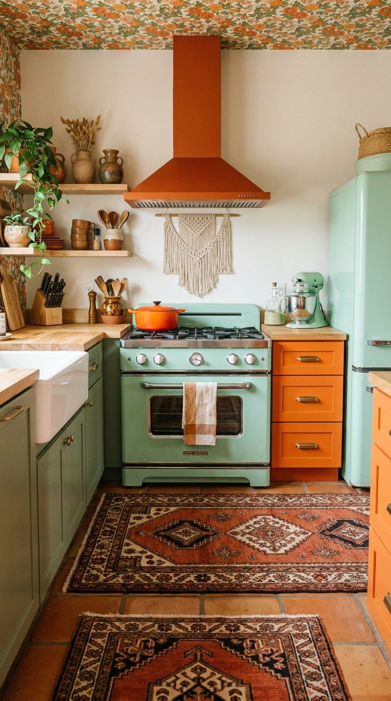 Cuisine rétro vert menthe et orange avec cuisinière assortie et plafond fleuri