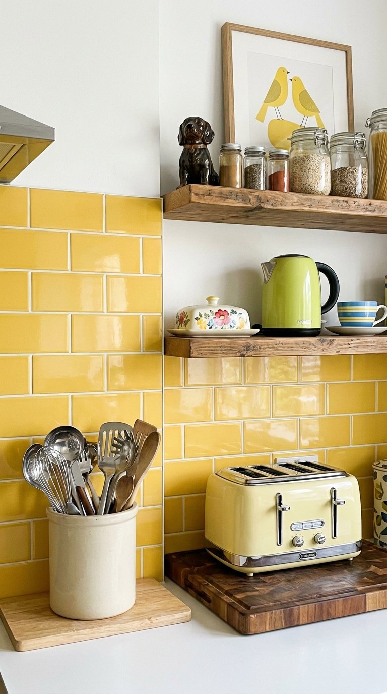 Crédence jaune brillante avec grille-pain crème, bouilloire verte et étagères rustiques