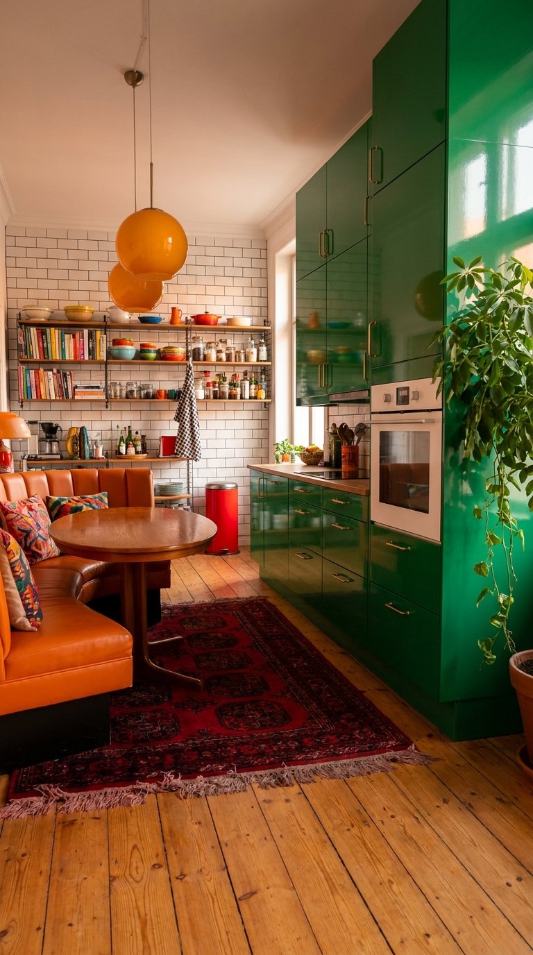 Cuisine vert brillant avec banquette orange, suspensions assorties et tapis rouge