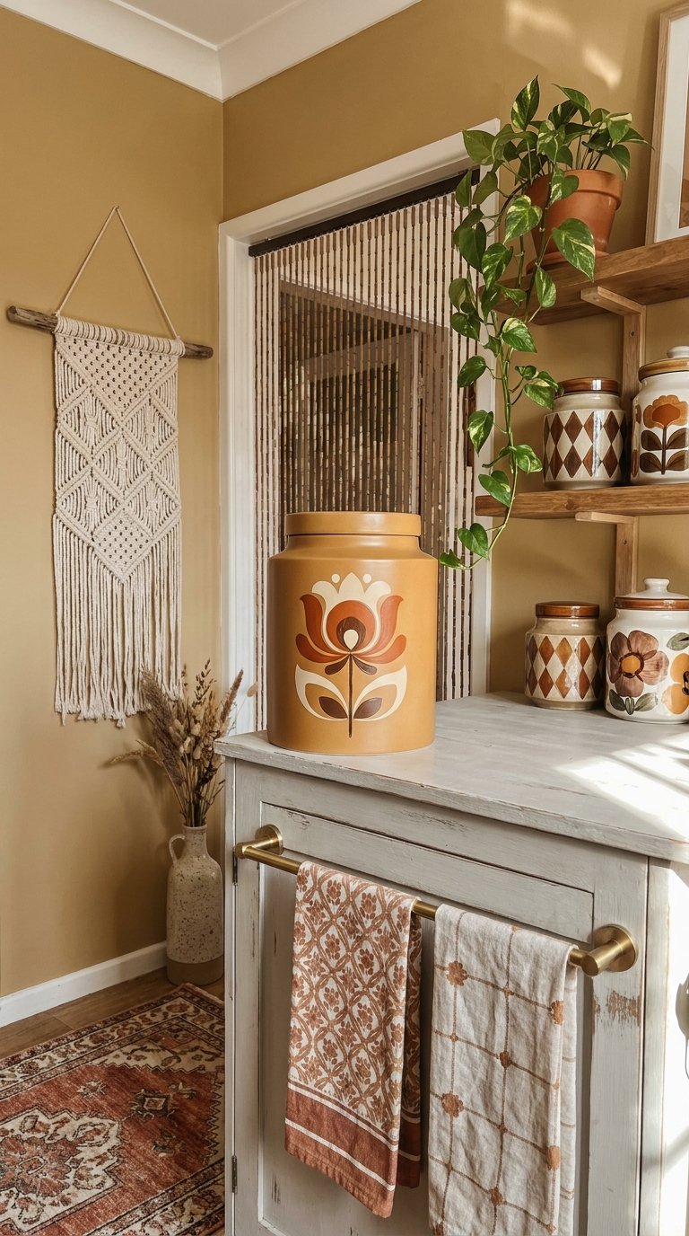 Coin de cuisine beige avec pots en céramique seventies, macramé et plante retombante