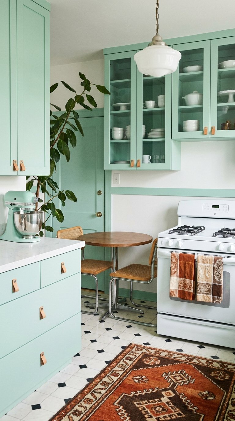 Cuisine vert menthe avec vitrines, petite table ronde et cuisinière blanche