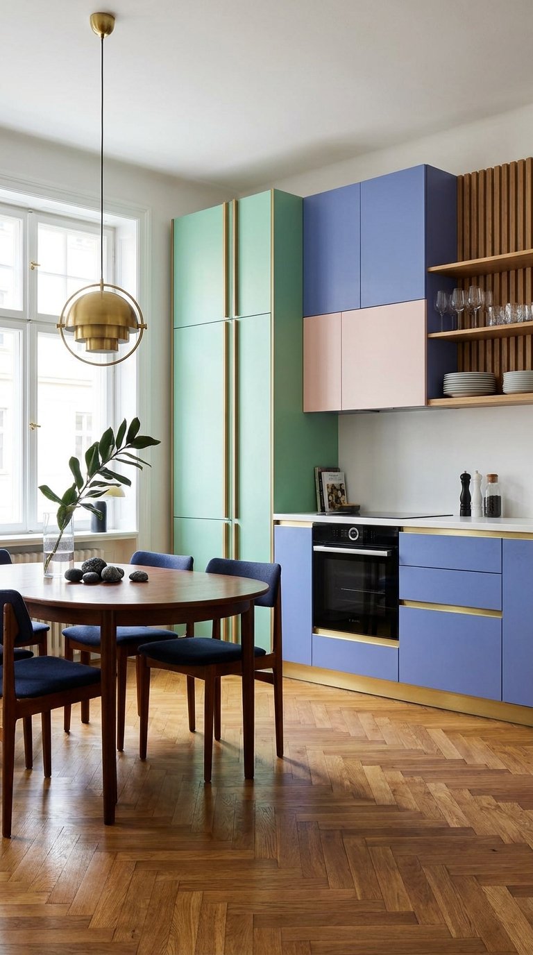 Cuisine aux placards menthe, bleus et roses avec table ronde en bois