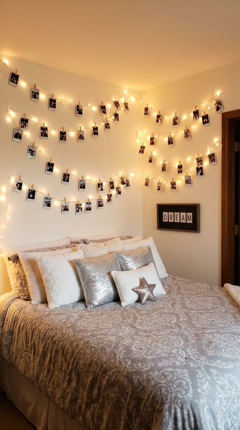 Chambre beige avec guirlandes lumineuses et photos suspendues au-dessus du lit