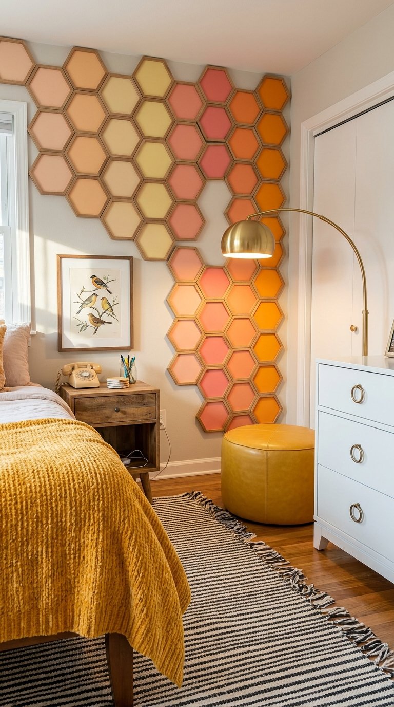 Chambre aux panneaux muraux hexagonaux rose corail jaune et orange