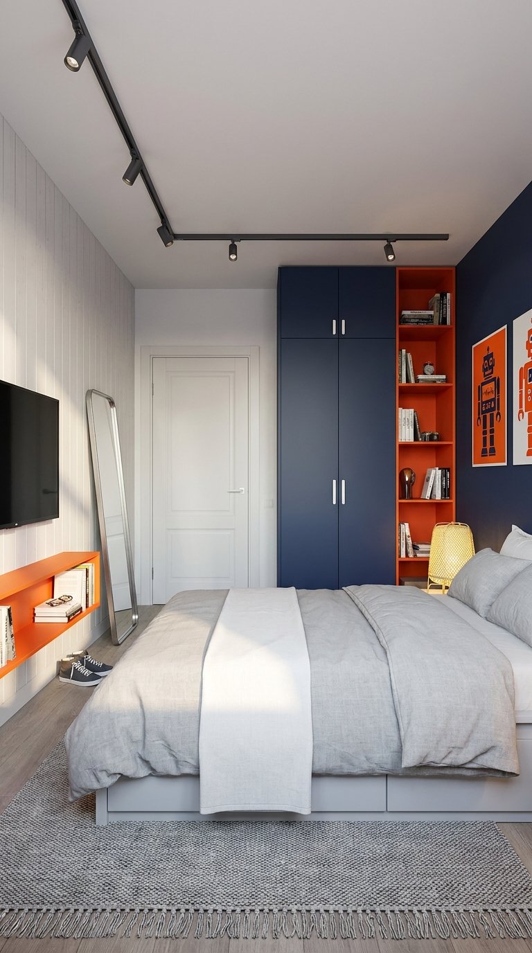 Chambre moderne bleu marine et orange avec rangements intégrés