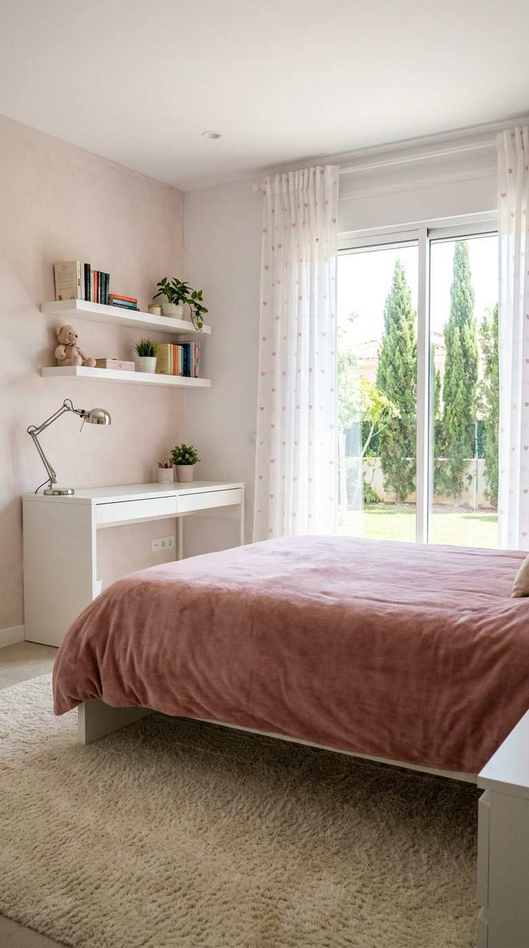 Chambre rose pâle avec bureau blanc étagères et grande baie vitrée