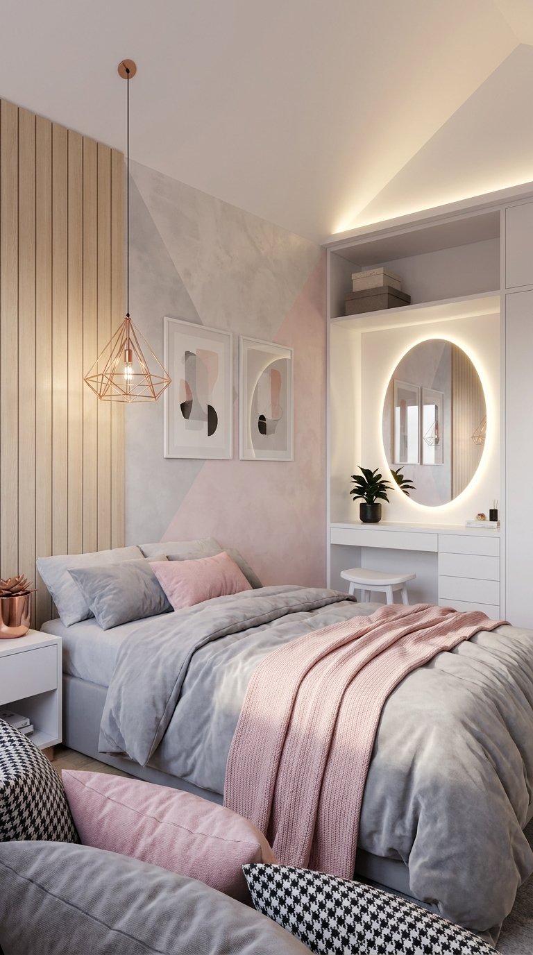 Chambre grise et rose avec tasseaux de bois coiffeuse et miroir éclairé