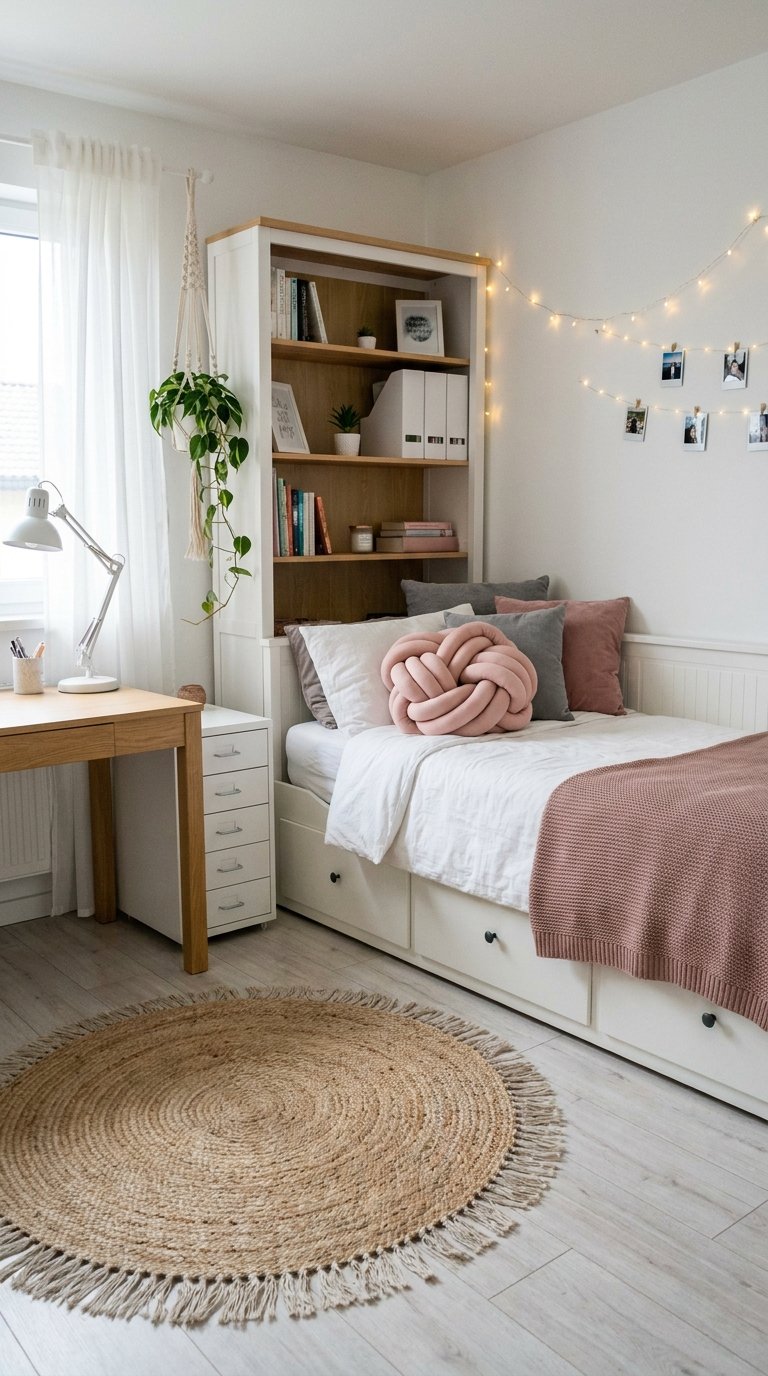 Petite chambre blanche et rose avec lit à tiroirs bureau et bibliothèque
