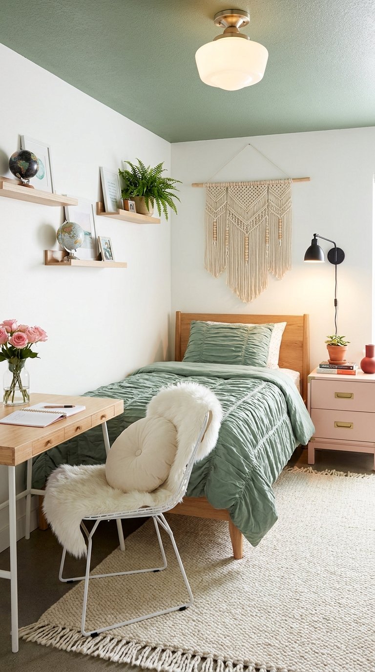 Chambre vert sauge avec plafond peint macramé et bureau en bois