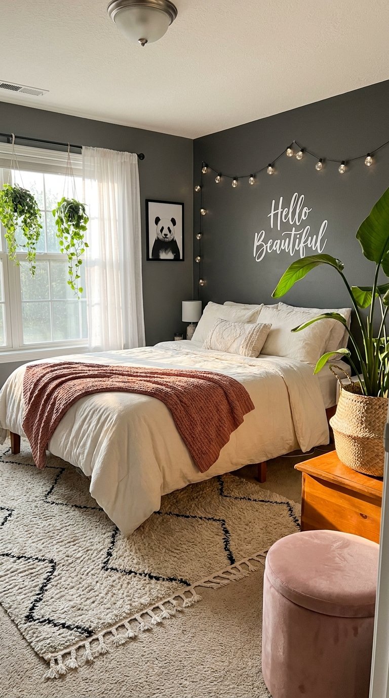 Chambre aux murs anthracite avec guirlande lumineuse plantes et linge blanc