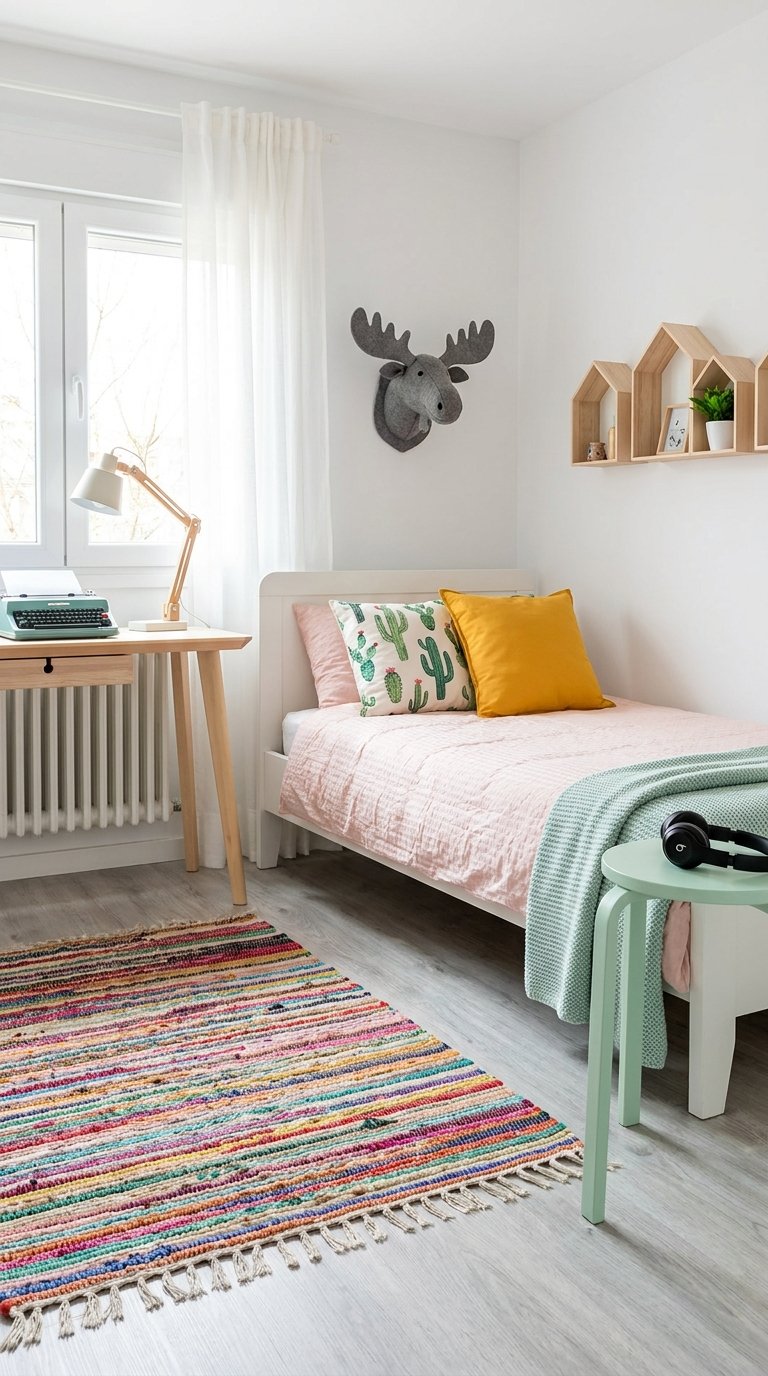 Petite chambre lumineuse avec lit rose bureau en bois et tapis multicolore
