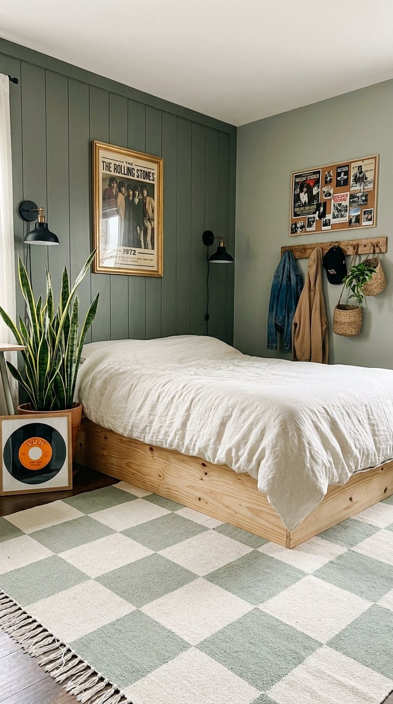 Chambre vert grisé avec affiches musicales patères en bois et lit en pin