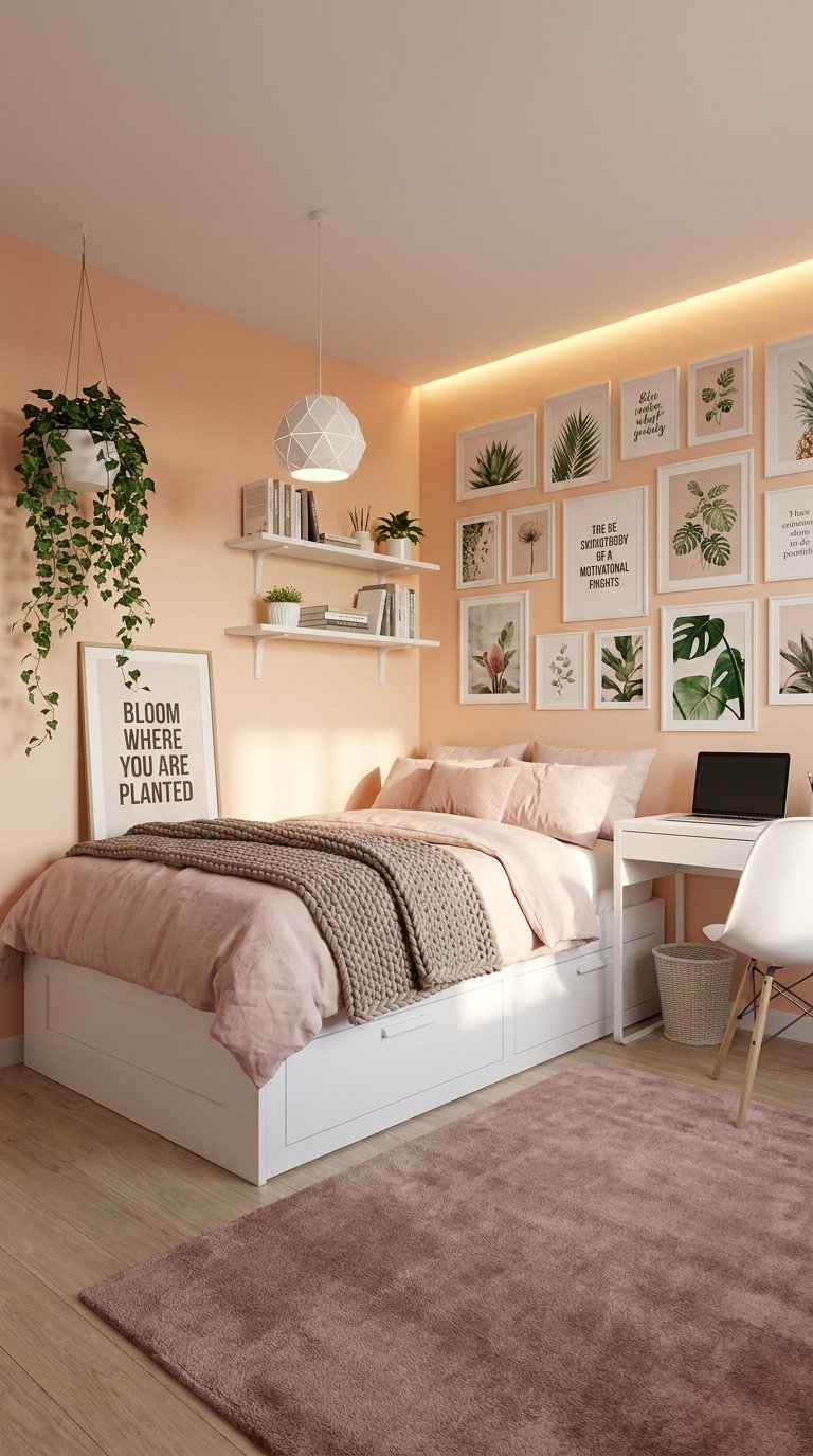 Chambre pêche avec galerie de cadres botaniques plantes et lit à tiroirs