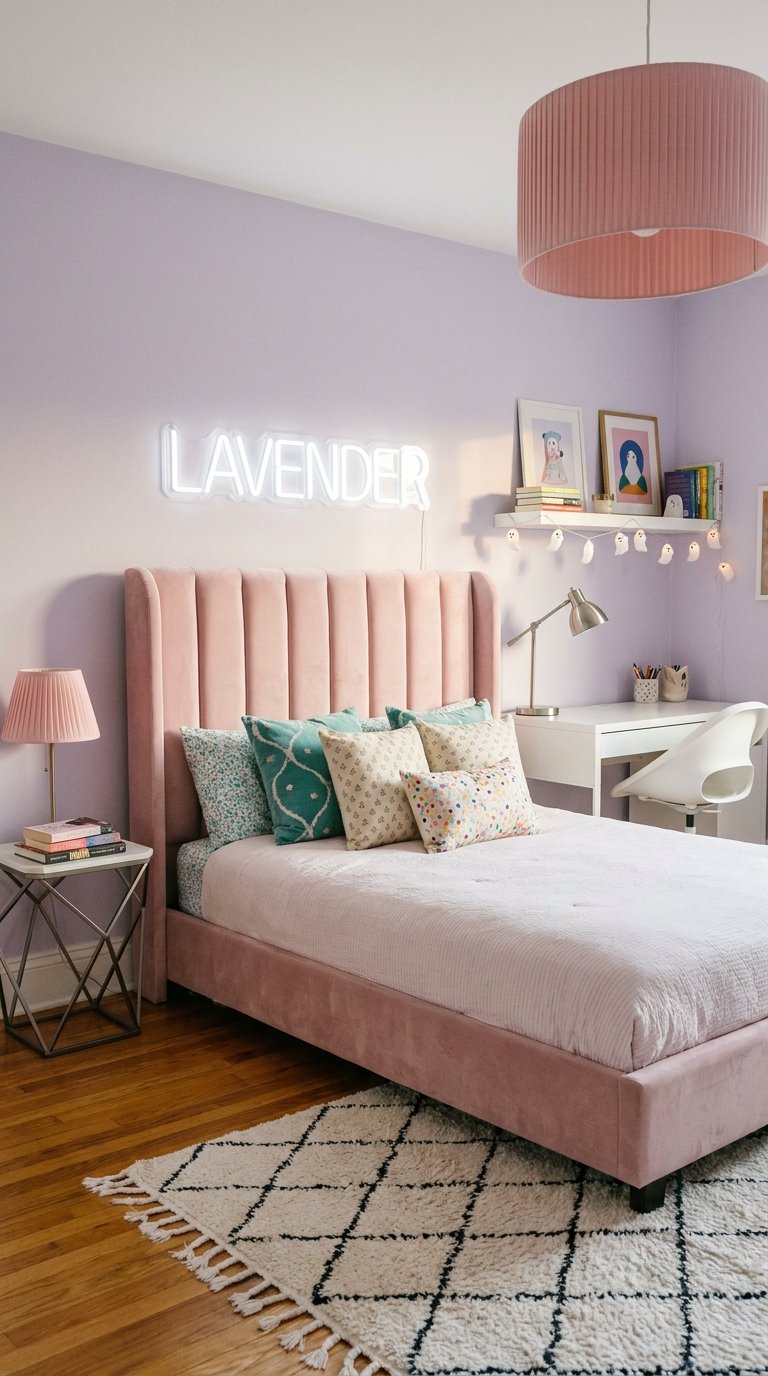 Chambre lavande avec lit rose capitonné enseigne lumineuse et bureau blanc