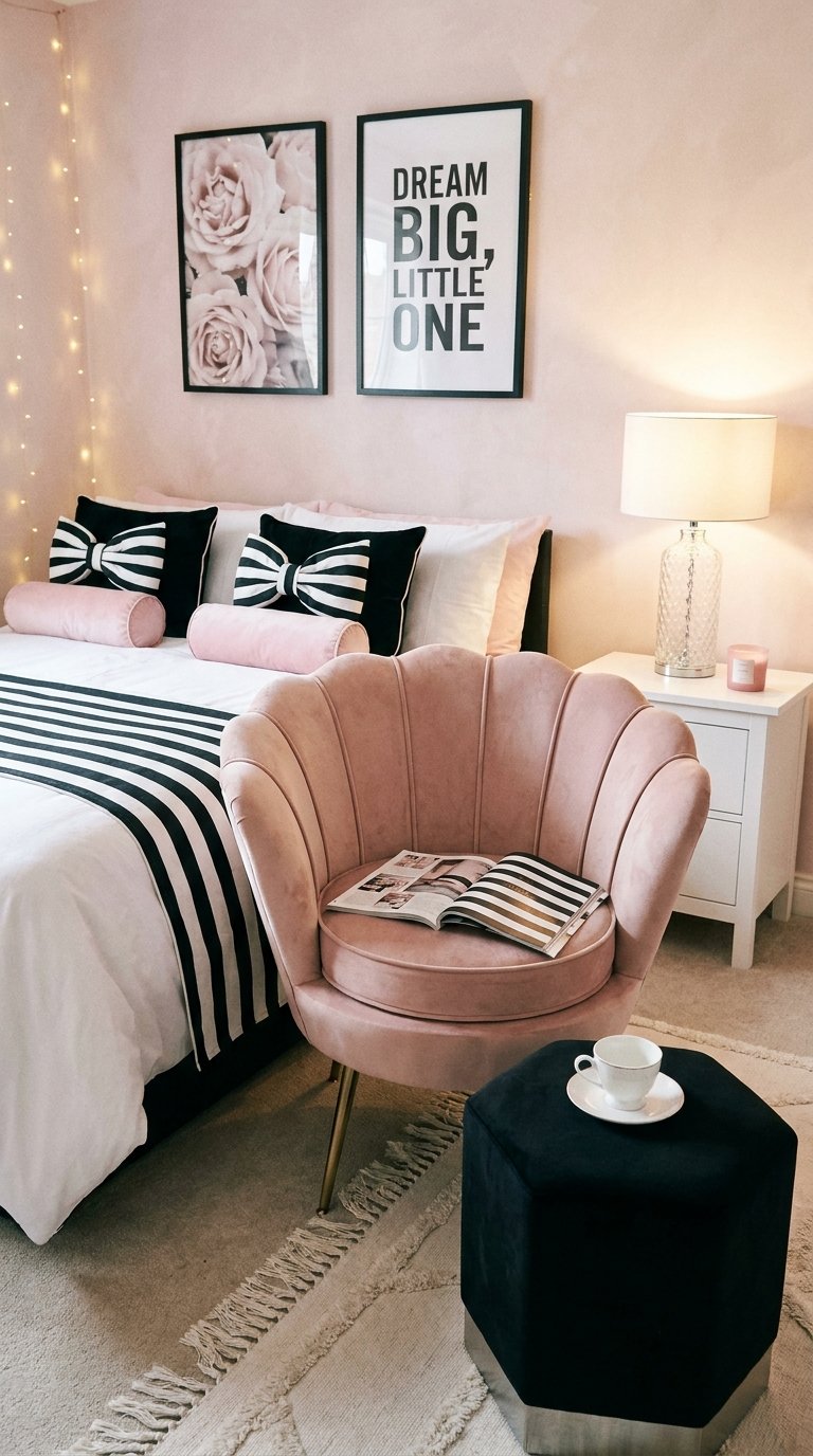 Chambre rose noir et blanc avec fauteuil coquillage et affiches encadrées