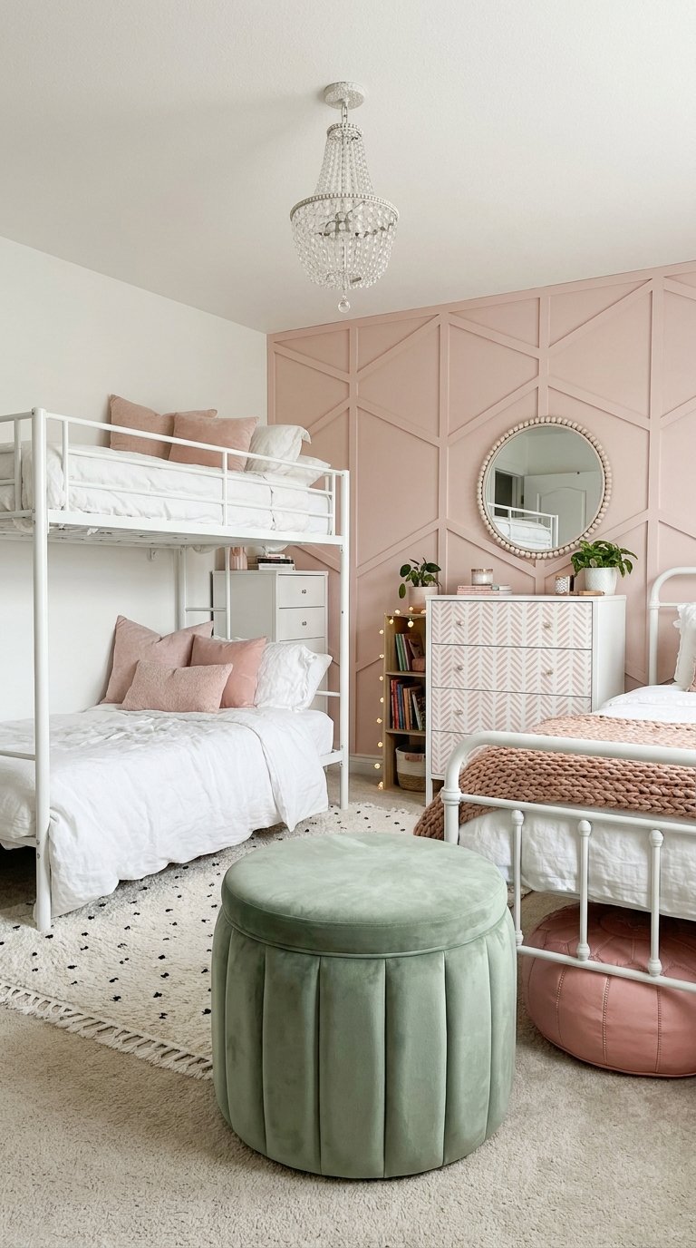 Chambre partagée rose et blanche avec lits superposés commode et pouf vert