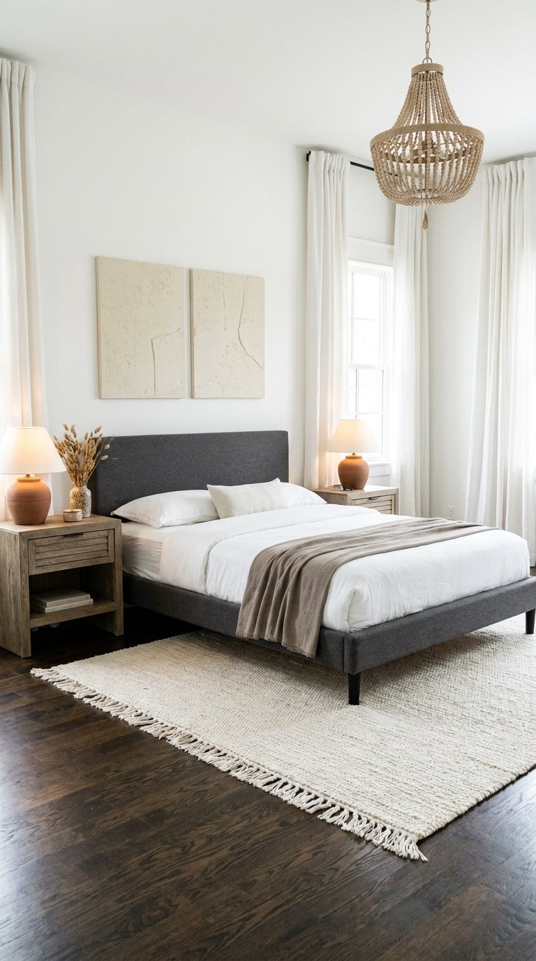 Chambre lumineuse blanche et grise avec mobilier en bois et grand tapis écru