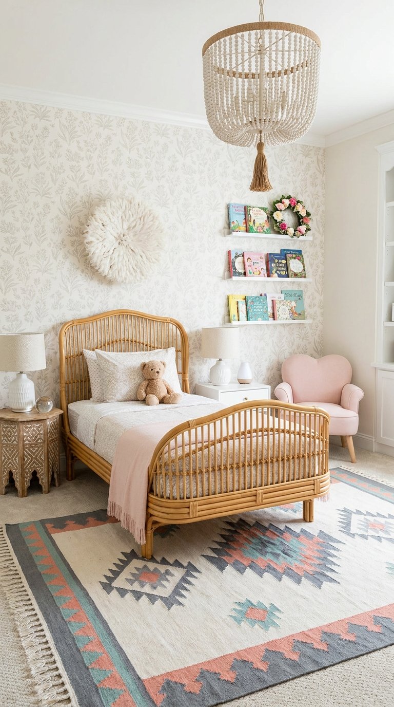 Chambre bohème avec lit en rotin papier peint végétal et fauteuil rose