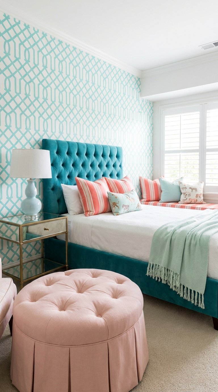 Chambre turquoise et corail avec tête de lit capitonnée et papier peint géométrique