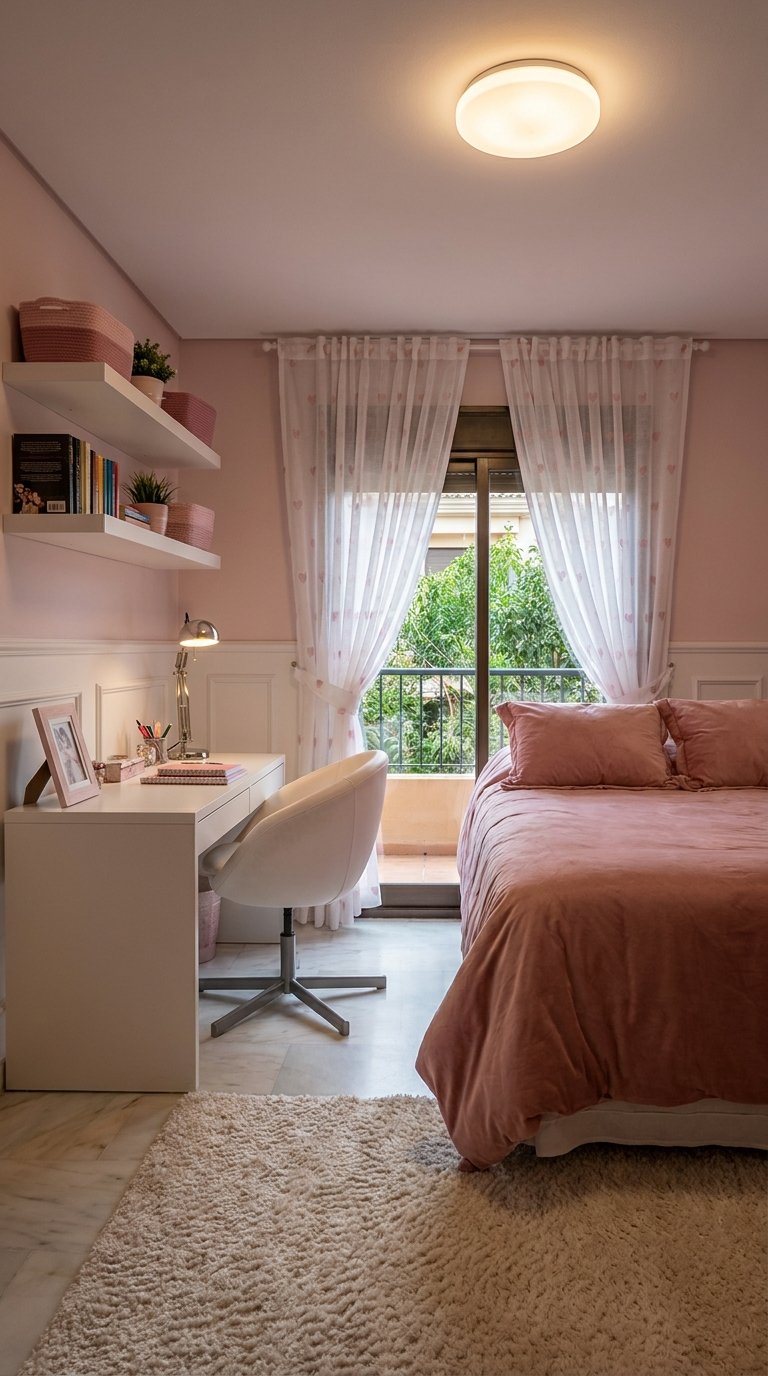 Chambre rose poudré avec bureau blanc étagères et porte-fenêtre