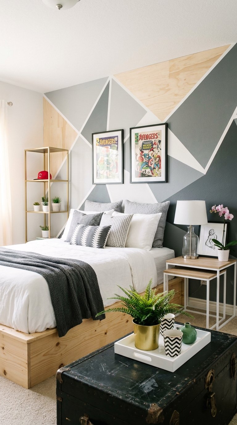 Chambre avec fresque géométrique grise blanche et bois derrière le lit