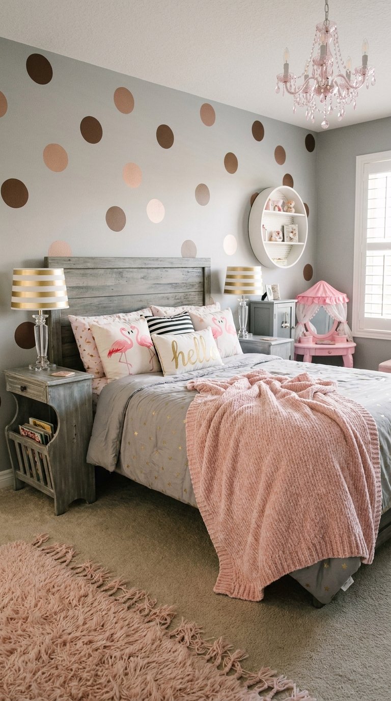 Chambre grise et rose avec pois muraux métallisés et lustre rose