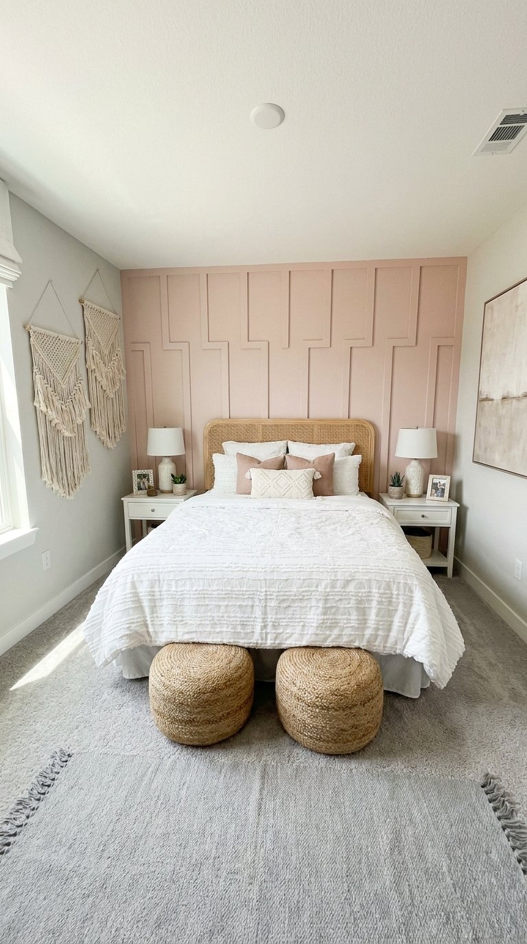 Chambre blanche et rose avec mur à moulures tête de lit en cannage et macramés