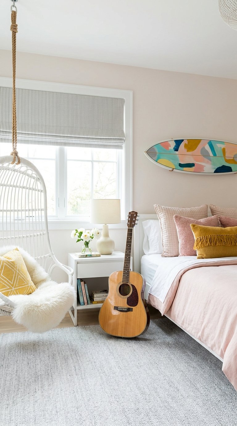 Chambre pastel avec fauteuil suspendu guitare et planche décorative colorée