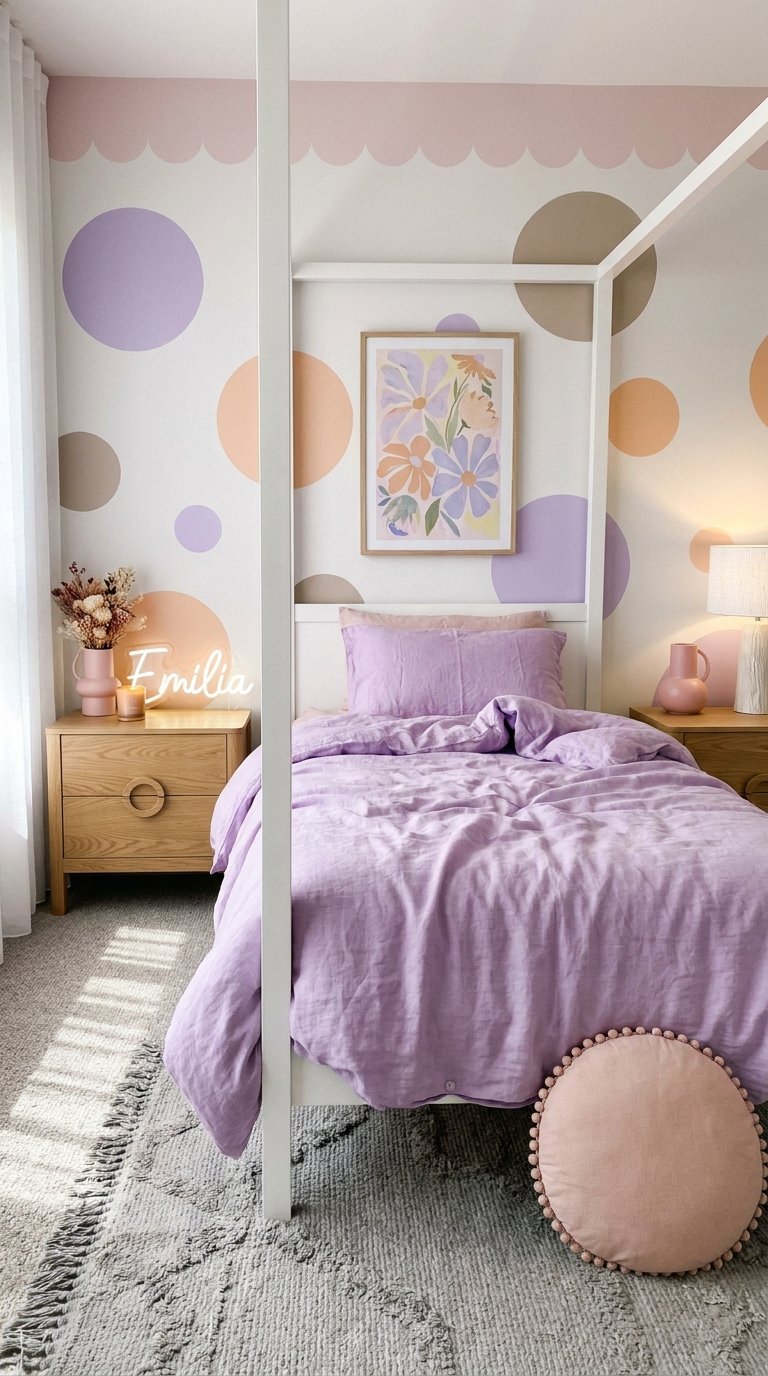 Lit à baldaquin blanc avec linge lavande et mur décoré de grands cercles pastel