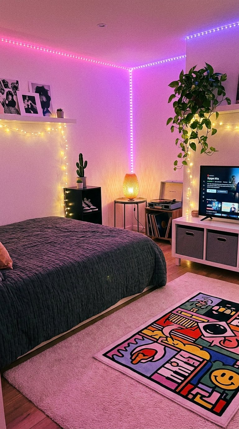 Chambre sombre éclairée par des rubans LED roses et violets avec tapis illustré