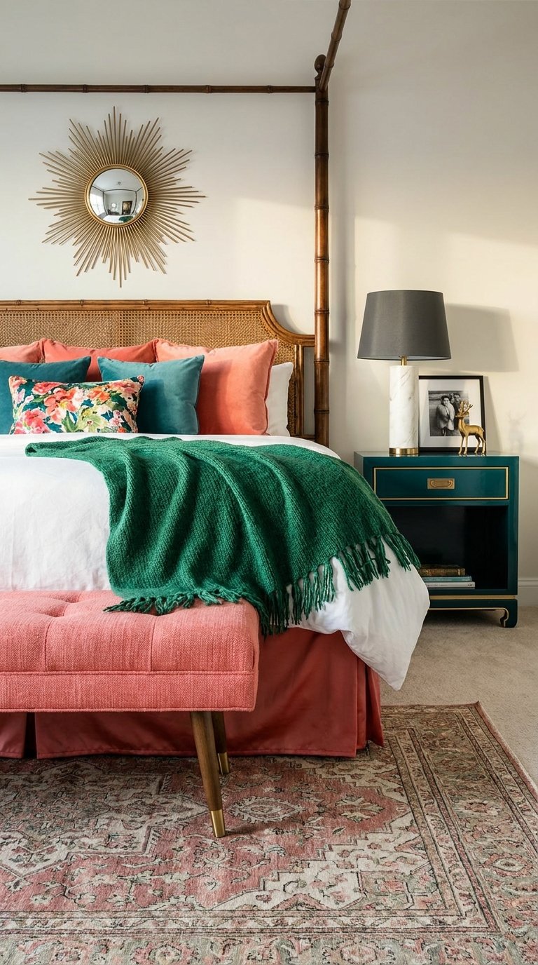Chambre avec lit à baldaquin en bambou, textiles corail et plaid vert