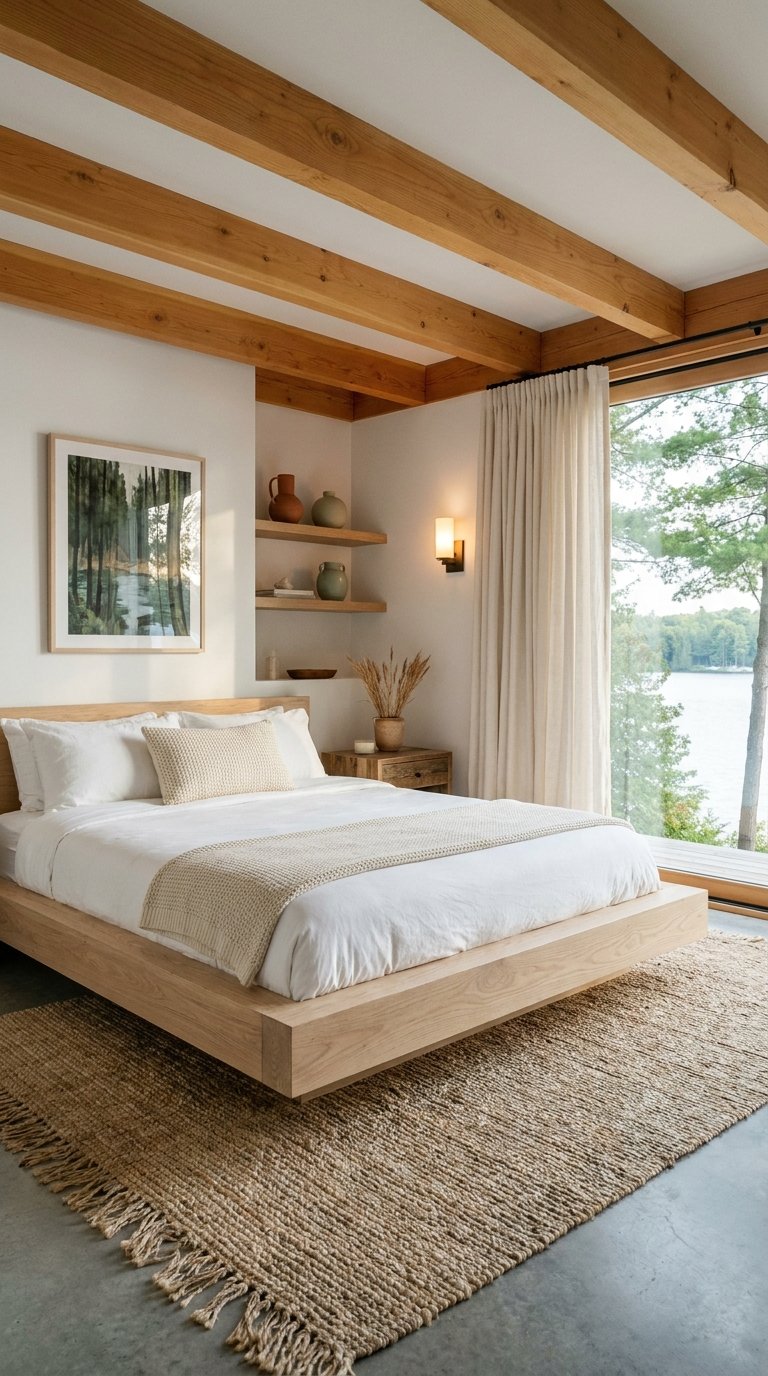 Chambre lumineuse avec lit en bois clair, poutres apparentes et vue sur un lac